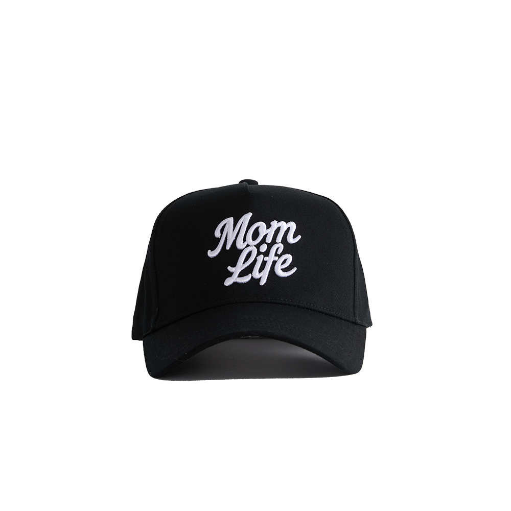 Black cap with 'Mom Life' text on a white background