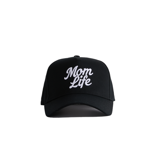 Black cap with 'Mom Life' text on a white background